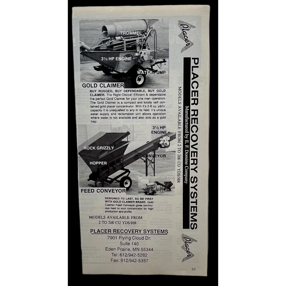 Placer Recovery Systems Print Ad Vintage 90s Gold Prospecting Eden Prairie MN